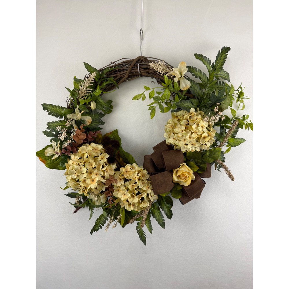 Floral Grapevine Wreath Cream Hydrangea Yellow Rose Brown Bow Front Door Decor